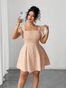 Elenzga 大码纯色提花荷叶边下摆优雅连衣裙 - 卡其色 - 查看 8