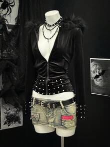 SHEIN PETITE Áo nỉ nữ thời trang trang trí kim loại - màu đen - Xem 5