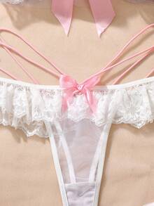 4pcs Pink Satin Lace Patchwork Ruffle Bow Mesh Sheer Camisole + G-String + Arm Sleeves + Leg Garter Sexy Lingerie Set, Sweet & Cute - Multicolor - View 3