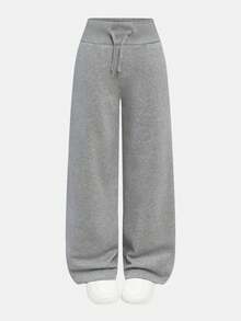 SHEIN Comfortable Casual Solid Color Knit Low Waist Wide Leg Teen Girl Sports Pants, Thermal Lined Winter Sports Pants, Wide Leg Sports Pants, Flared Sports Pants, Fleece Sports Pants - Grey - View 6