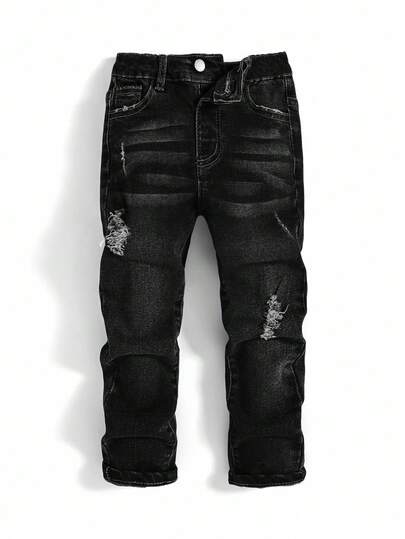 Tween Boys Fashion Casual Y2k Vintage Cool Street Returns To School College Cut Out Ripped Frayed Design Basic Simple And Comfortable Dark Blue Denim Stretch Perforated Skinny Jeans For Kids Clothes Tween Boys Soft Dailywear And Kids Winter And Fall Rave Outfits Festival And At Home Outfits Streetwear School Clothes