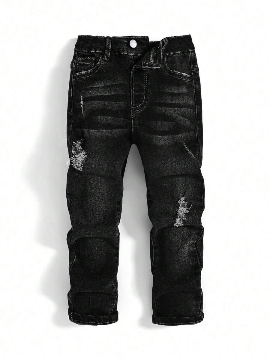 青少年男孩时尚休闲 Y2K 复古酷炫街头返校季学院风镂空破洞磨边设计基础款简约舒适深蓝色牛仔弹力打孔紧身牛仔裤，柔软舒适，适合日常穿着、秋冬季节、锐舞派对以及居家休闲。 - 黑色 - 查看 1