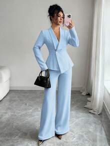 Elenzga Women's Suit Set, Suit Fabric, Lapel Collar, Long Sleeve, Waist Cinched A-Line Asymmetric Hem, Metal Button Decor, Sophisticated & Elegant For Office, Commute, Street Style, French Romantic, Casual, Middle Eastern Vintage, Afternoon Tea, Party, Thanksgiving, Back To School, Spring/Autumn/Winter - Blue - View 5