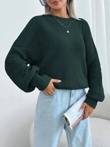 SHEIN Cottnline Women Solid Color Round Neck Drop Shoulder Chunky Pullover - Green - View 7