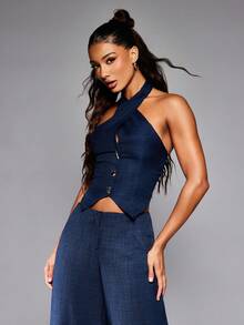 NYA SZN 露背修身纽扣上衣，适合早午餐、婚礼、度假、正式场合、夏季、节日、嘉年华等场合。 - 藍色 - 查看 3