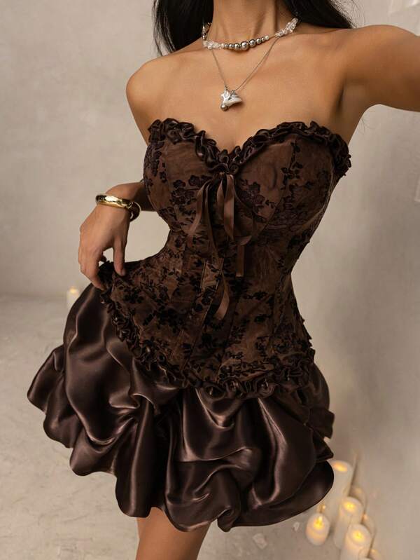 Vowa Elegant Luxury Chocolate Brown Off-Shoulder Tie-Dye Flocked Jacquard Splice Shiny Organza Puff Skirt, Intricate Fishbone Shaping Multi-Layered Ruffle Hem Dress, Suitable For Evening Gala, Exhibition, Business Events, Weddings, Parties And Other Occasions