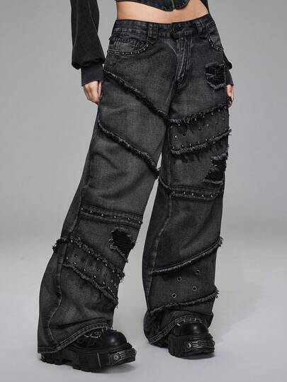 Grunge Punk Y2K Punk Rivet Decor Distressed Vintage Washed Wide Leg Low Waist Jeans