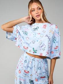 MISSGUIDED 圣诞节假期睡衣套装长袖短款上衣阔腿裤节日冬季睡衣 - 彩色 - 查看 3