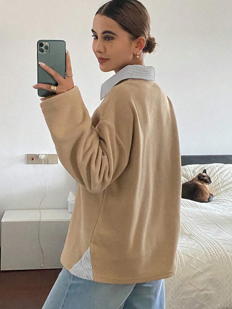 Thermal Lined Striped Patchwork Loose Polo Collar Long Sleeve Casual Street Sweatshirt For Women, Autumn/Winter