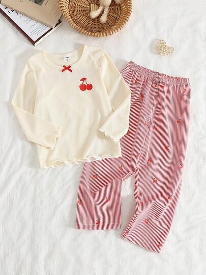 女童浅桃色罗纹樱桃印花长袖上衣和罗纹裤睡衣套装 樱桃图案女童套装 樱桃图案睡衣套装 女童休闲红白条纹睡裤