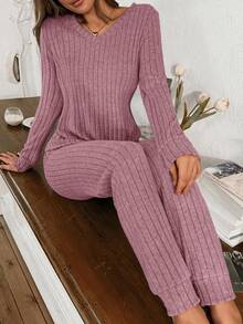SHEIN Women's Ribbed Fleece V-Neck Long Sleeve Top & Pants Cozy Pajama Set, Winter Clothes