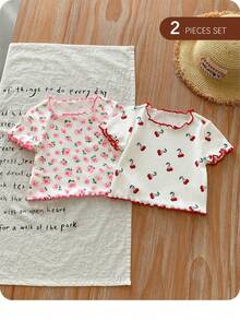 Set de 2 piezas de parte superior de manga corta con estampado floral y de cerezas para niña bebé informal - Multicolor - Ver 2