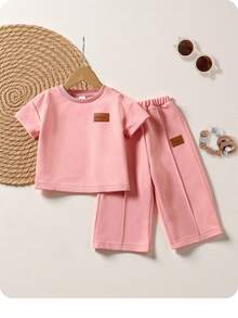 2 件装女婴可爱粉色短袖 T 恤和松紧腰裤套装，春夏 - 粉色 - 查看 2
