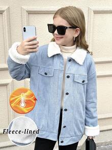 SHEIN 适合青少年女孩的浅蓝色落肩泰迪绒内衬长袖纽扣外套，适合秋冬季穿着 - 藍色 - 查看 3