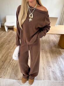 SHEIN EZwear 加大码舒适棕色针织毛衣套装 - 駝色 - 查看 6
