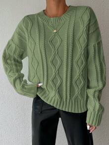 EURMUSE Ladies' Casual Round Neck Dolman Sleeve Geometric Pattern Knitted Sweater For Autumn/Winter - Hijau - View 4