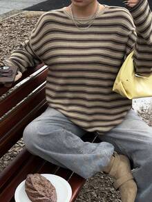 Dazy Plus 大码圆领条纹休闲长袖街头风格毛衣，大码女装，秋冬 - 棕色 - 查看 5