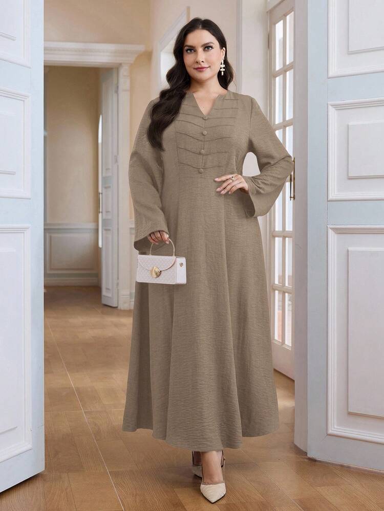 Al Najma Plus Size Women's Solid Color V-Neck Button Design Long Sleeve Casual Arabic Maxi Dress - Khaki - View 4