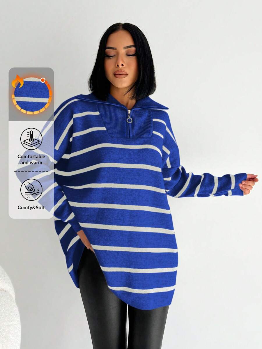 EURMUSE Striped Pattern Drop Shoulder Polo Neck Sweater - Blue - View 1