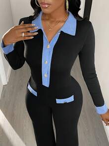 Rovax Women's Casual/Office Commute Contrast Color Half-Button Cardigan & Jumpsuit Set, Autumn/Winter - Black - View 6