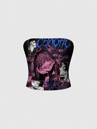 Sexy, Horror, Dark Gothic, Anime, Y2K Bloody Print Crop Top For Women, Autumn/Winter