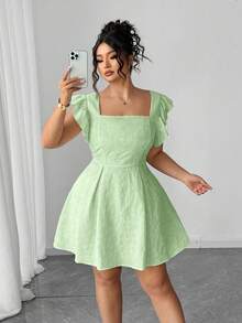 Elenzga Đầm xòe tay bèo nhún Jacquard màu trơn phong cách nghỉ dưỡng thanh lịch cỡ lớn cho nữ, mùa hè - Màu xanh Bạc hà - Xem 6