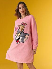 TOM & JERRY X SHEIN Damen Casual Cute Cartoon Letter Besticktes Loses Fleece-Schlafkleid, Herbst/Winter, Drop-Shoulder