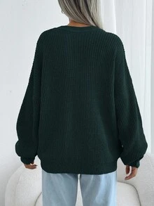 SHEIN Cottnline Women Solid Color Round Neck Drop Shoulder Chunky Pullover - Green - View 2