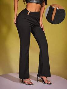 INAWLY Fashionable Versatile Commuter Solid Color U-Shaped Pleated Flare Pants - Black - View 5
