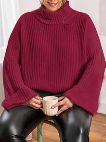 EURMUSE Women's Plus Size Solid Color Ribbed Knit Loose Turtleneck Sweater, Autumn/Winter - Red - View 3