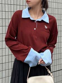 FRIFUL Damen Kontrast-Farben 2-in-1 Kragen Knopfleiste Stickerei Muster Langarm Lässiger Vielseitiger Sweatshirt, Herbst/Winter - Rot - Übersicht 4