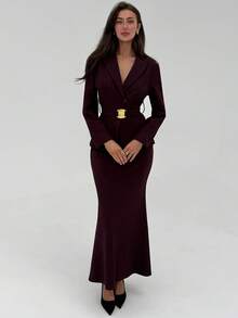 Aloruh Women's Solid Color Shawl Collar Long Sleeve Belted Jacket And Fish Tail Midi Skirt Elegant Suit Set