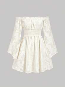 SHEIN MOD 杏色纹理露肩喇叭袖腰部收紧短款连衣裙 - 杏色 - 查看 5