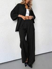 Aveloria Modichic 2 件套女士混纺侧开衩宽松衬衫和高腰阔腿裤优雅商务休闲女装 - 黑色 - 查看 2