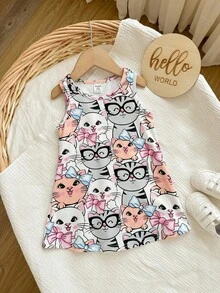 女嬰休閒可愛卡通小貓圖案無袖連衣裙 - 彩色 - 查看 4
