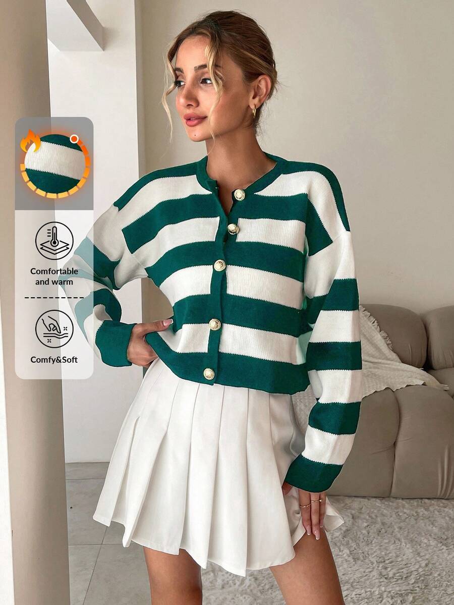 SHEIN Cottnline 女款條紋落肩開襟衫 - 綠色 - 查看 1