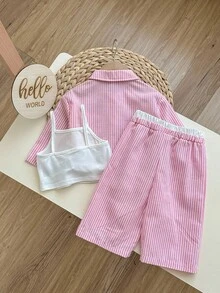 3 件套女婴套装：条纹衬衫、松紧腰裤和吊带背心，春夏 - 粉色 - 查看 2