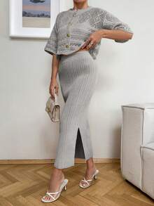 SHEIN Cottnline Set de cardigan y falda engrosados con botones de metal - Gris - Ver 3