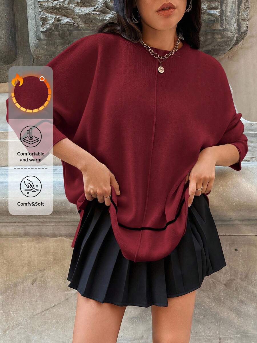 EURMUSE Women's Solid Color Crew Neck Casual Long Sleeve Sweater - Burgundy - View 1