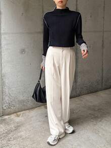 FRIFUL 女士高领撞色罗纹针织修身打底衫，秋冬长袖女款 - 藏蓝色 - 查看 2