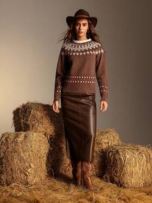 Chiquease Women's Casual Vacation Style Fair Isle Pattern Raglan Sleeve Sweater, Autumn/Winter Christmas Sweater - Camel - View 5