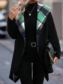 SHEIN Clasi Áo khoác ngoài cổ tròn kẻ caro thường ngày dành cho nữ, mùa thu - màu xanh lá - Xem 6