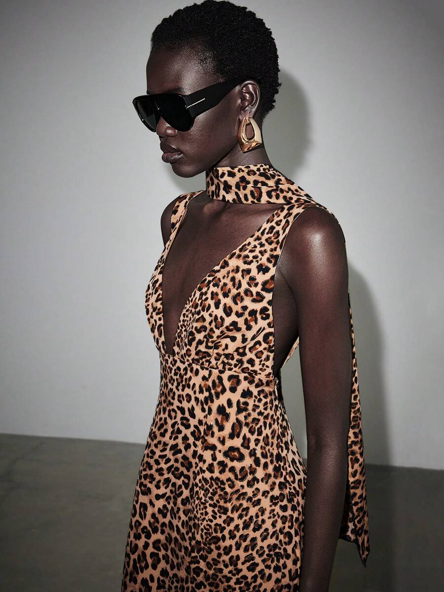 Lumivelle Váy dự tiệc chữ A họa tiết da báo cổ chữ V sâu gợi cảm dành cho nữ - Nhiều màu - Xem 1