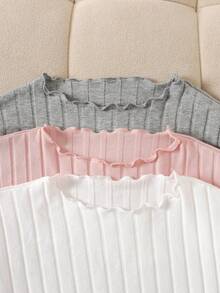 SHEIN 青少年女孩 3 件套休闲百搭纯色罗纹生菜边立领 T 恤 - 彩色 - 查看 5