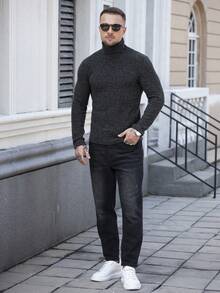 Manfinity CasualCool 男式纯色休闲百搭高领纹理面料长袖 T 恤 - 黑色 - 查看 4