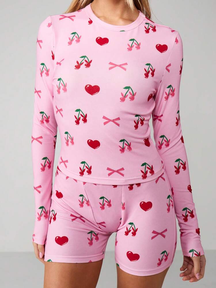 Missguided x Playboy Cherry Bow Print Pajama Set