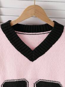 Mädchen Lockerer V-Ausschnitt Pullover mit Zahlen- und Sternenmuster, Herbst/Winter