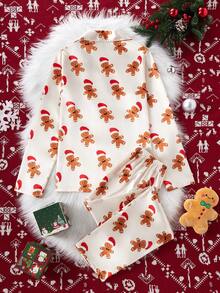 SHEIN Women's Burgundy Simple Fashion Christmas Gingerbread Pattern Long Pants And Long Sleeve Top Casual Comfortable 2 Pieces Pajama Set, Family Matching Outfits Mommy And Me (4 Sets Sold Separately), Winter Clothes - Apricot - View 2