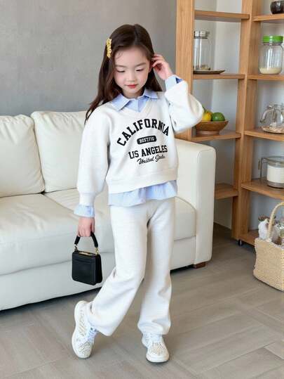 Sparklyn 年轻女孩宽松字母图案长袖休闲卫衣套装