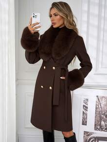 SHEIN Clasi 女士双排扣腰带蓬松饰边优雅长款秋冬大衣 - 摩卡棕 - 查看 1
